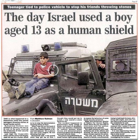 Israeli Occupation Forces using boy as human shield