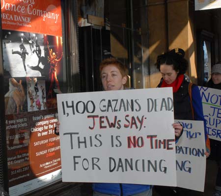 A protester at a Chicago performance of Israel's Batsheva Dance Company. Photo by and copyright Christine Geovanis, HammerHard MediaWorks, Chicago.