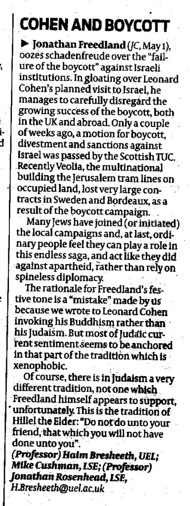 BRICUP letter to the Jewish Chronicle